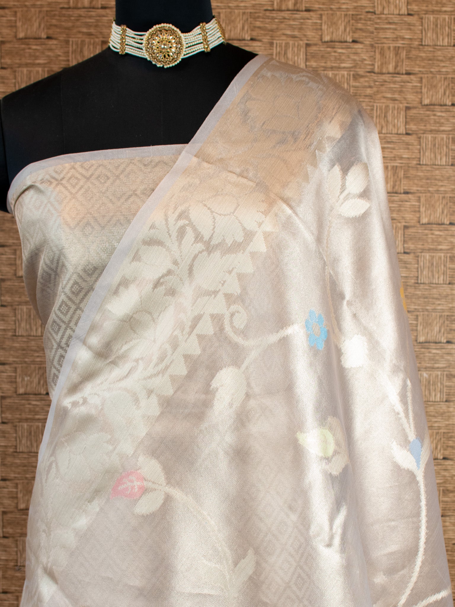 Banarasi Tissue Saree With Silver Zari & Border - Grey