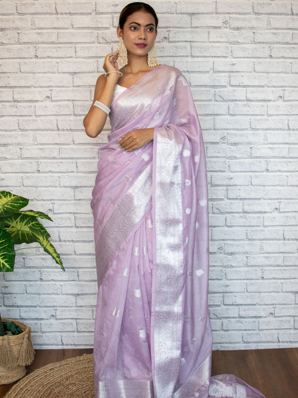 Banarasi Semi Chiffon Saree Silver Zari Buti Weaving-Lavender