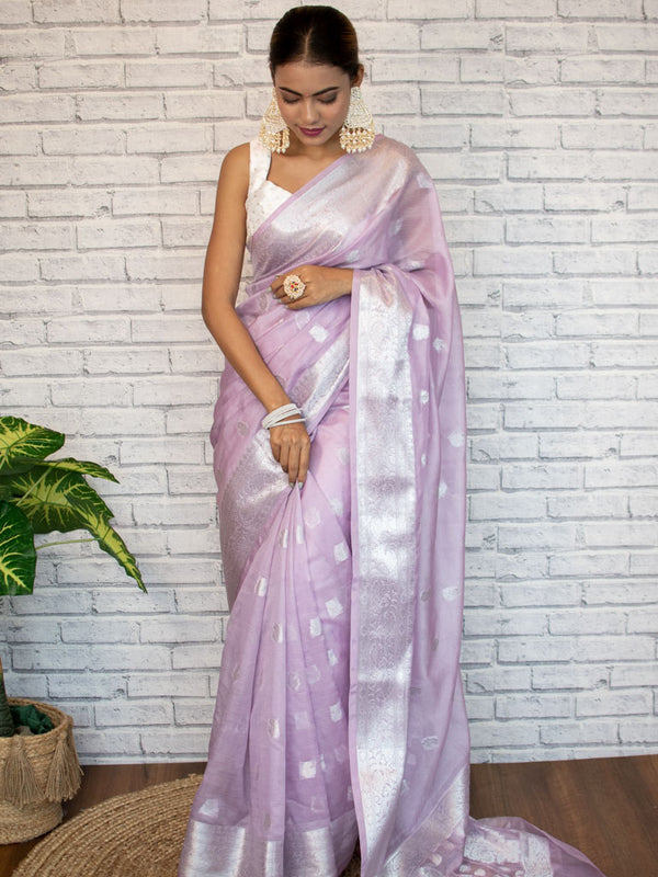 Banarasi Semi Chiffon Saree Silver Zari Buti Weaving-Lavender