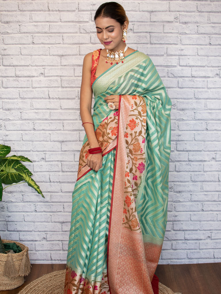 Banarasi Semi Chiffon Saree  Zari  Aada Weaving & Meena Border-Green