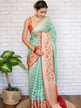 Banarasi Semi Chiffon Saree  Zari  Aada Weaving & Meena Border-Green