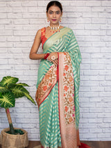 Banarasi Semi Chiffon Saree  Zari  Aada Weaving & Meena Border-Green