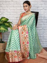 Banarasi Semi Chiffon Saree  Zari  Aada Weaving & Meena Border-Green