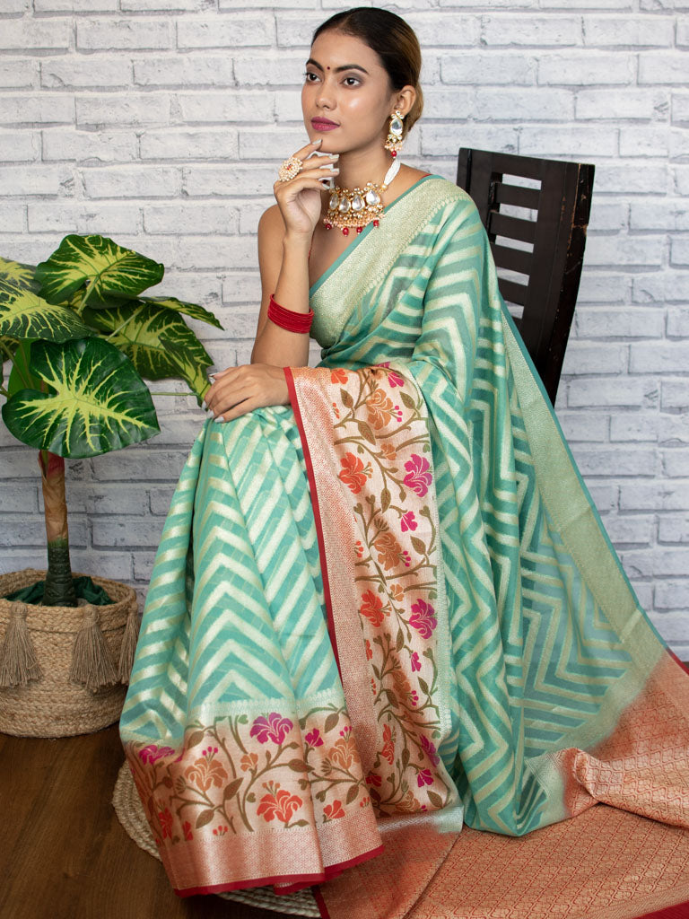 Banarasi Semi Chiffon Saree  Zari  Aada Weaving & Meena Border-Green