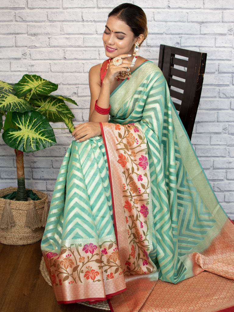 Banarasi Semi Chiffon Saree  Zari  Aada Weaving & Meena Border-Green