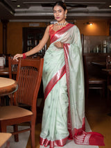 Banarasi Semi Chiffon Saree Silver Zari Buti Weaving & Contrast Border-Green