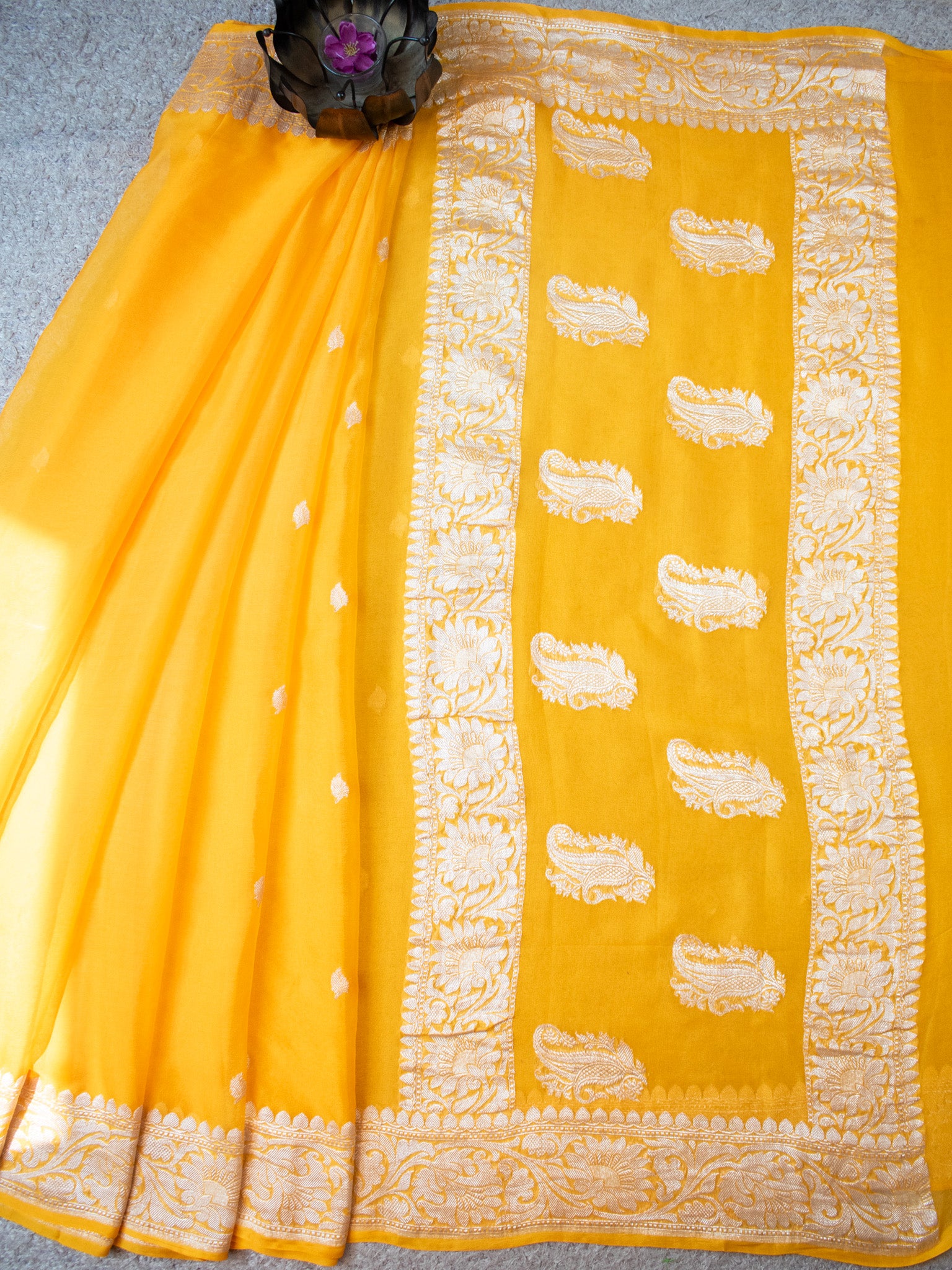 Banarasi Pure Khaddi Georgette Saree With Silver Zari Buti  Weaving- Yellow