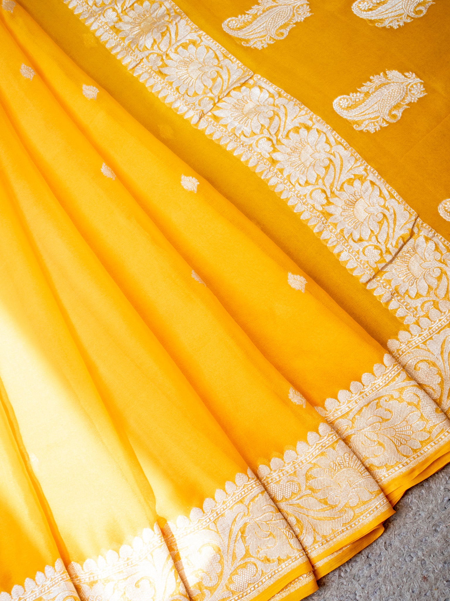 Banarasi Pure Khaddi Georgette Saree With Silver Zari Buti  Weaving- Yellow