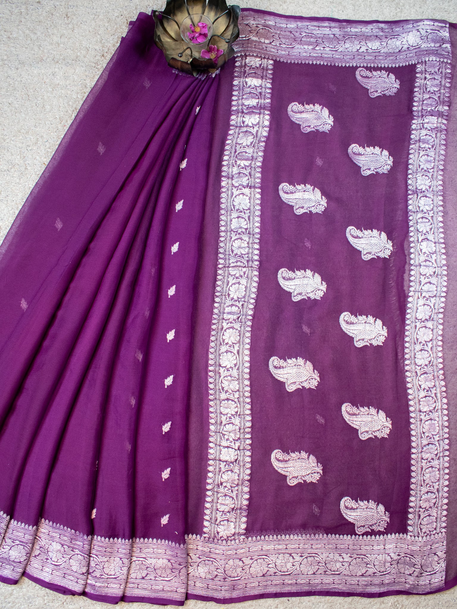 Banarasi Pure Khaddi Georgette Saree With Silver Zari Buti  Weaving- Wine