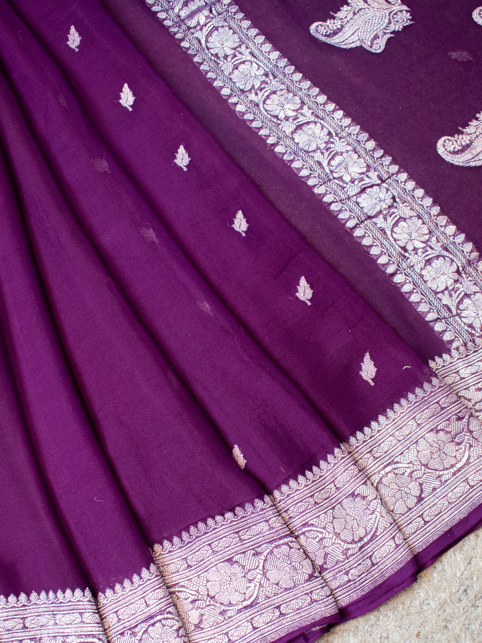 Banarasi Pure Khaddi Georgette Saree With Silver Zari Buti  Weaving- Wine