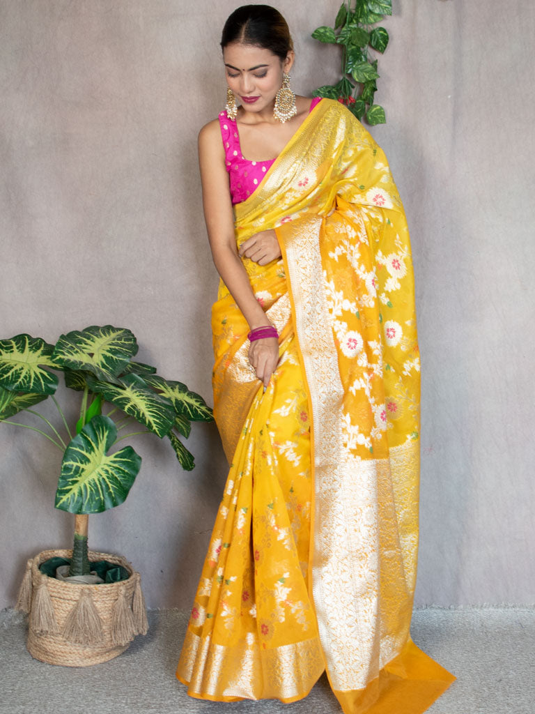 Banarasi Shaded Semi Silk Saree With Jaal Zari & Meena Weaving-Yellow