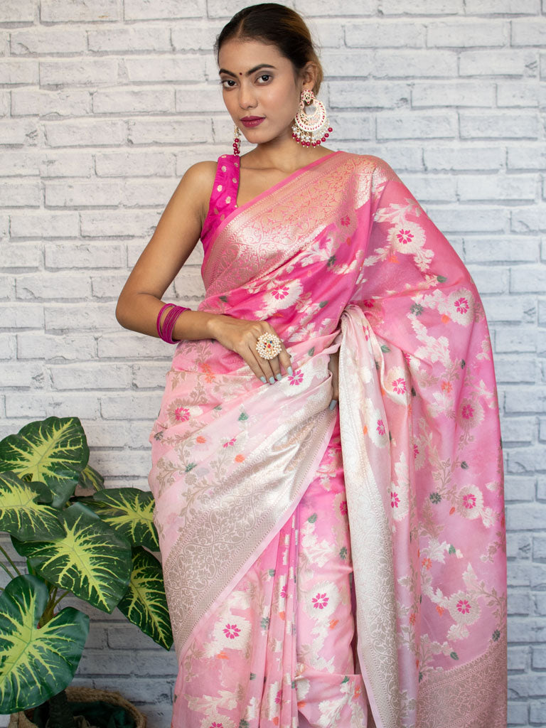 Banarasi Shaded Semi Silk Saree With Jaal Zari & Meena Weaving-Pink