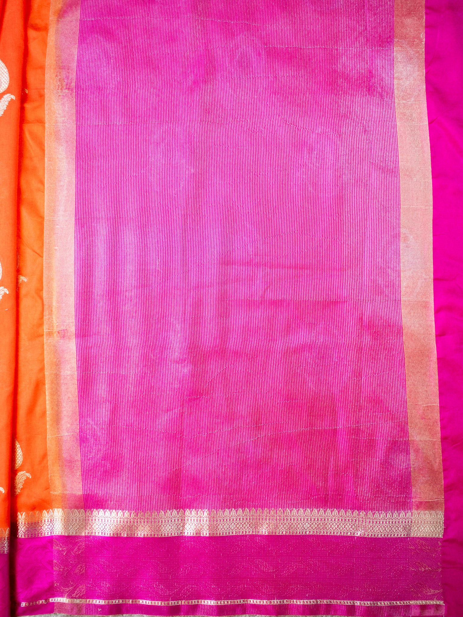 Banarasi Semi Silk Saree With Floral Zari Weaving & Contrast Border - Orange