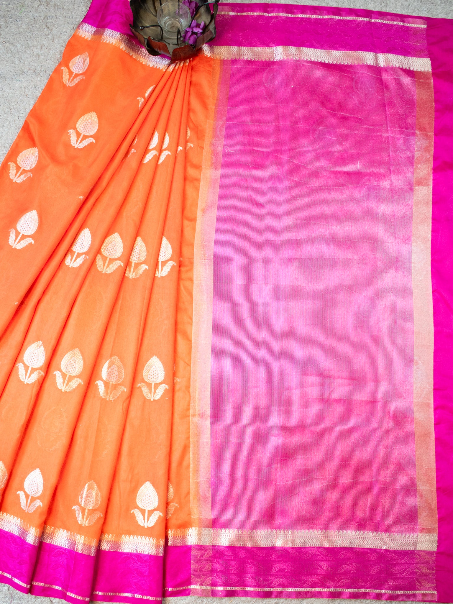 Banarasi Semi Silk Saree With Floral Zari Weaving & Contrast Border - Orange