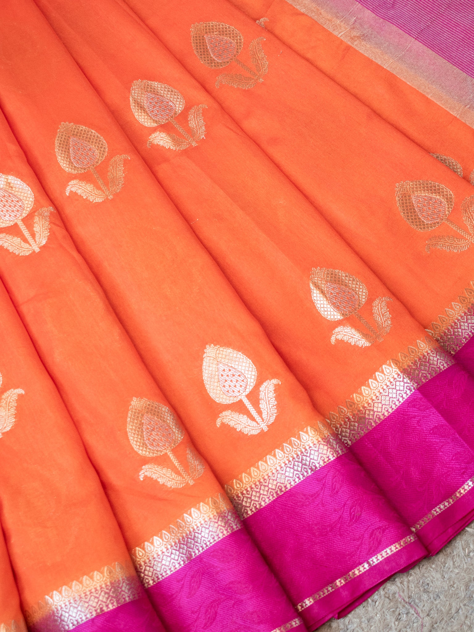 Banarasi Semi Silk Saree With Floral Zari Weaving & Contrast Border - Orange