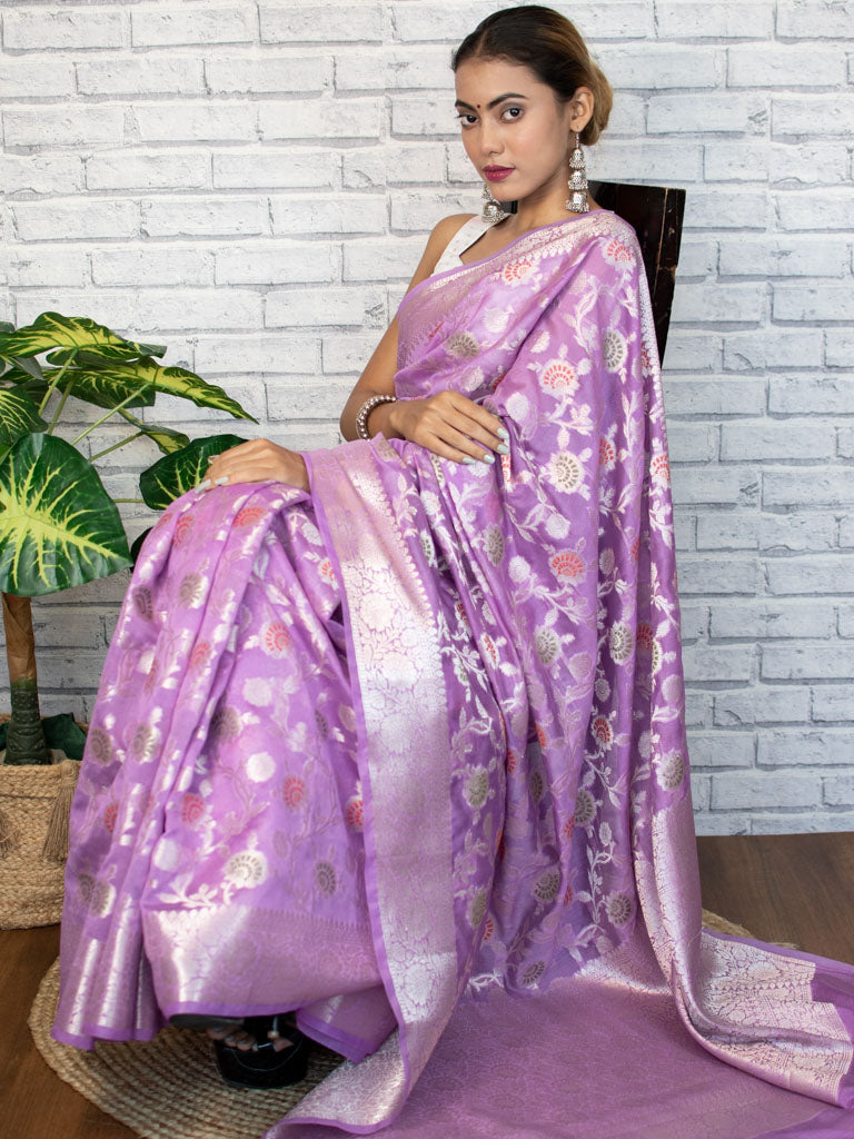 Banarasi Semi Silk Saree With Jaal Zari & Meena Weaving-Purple