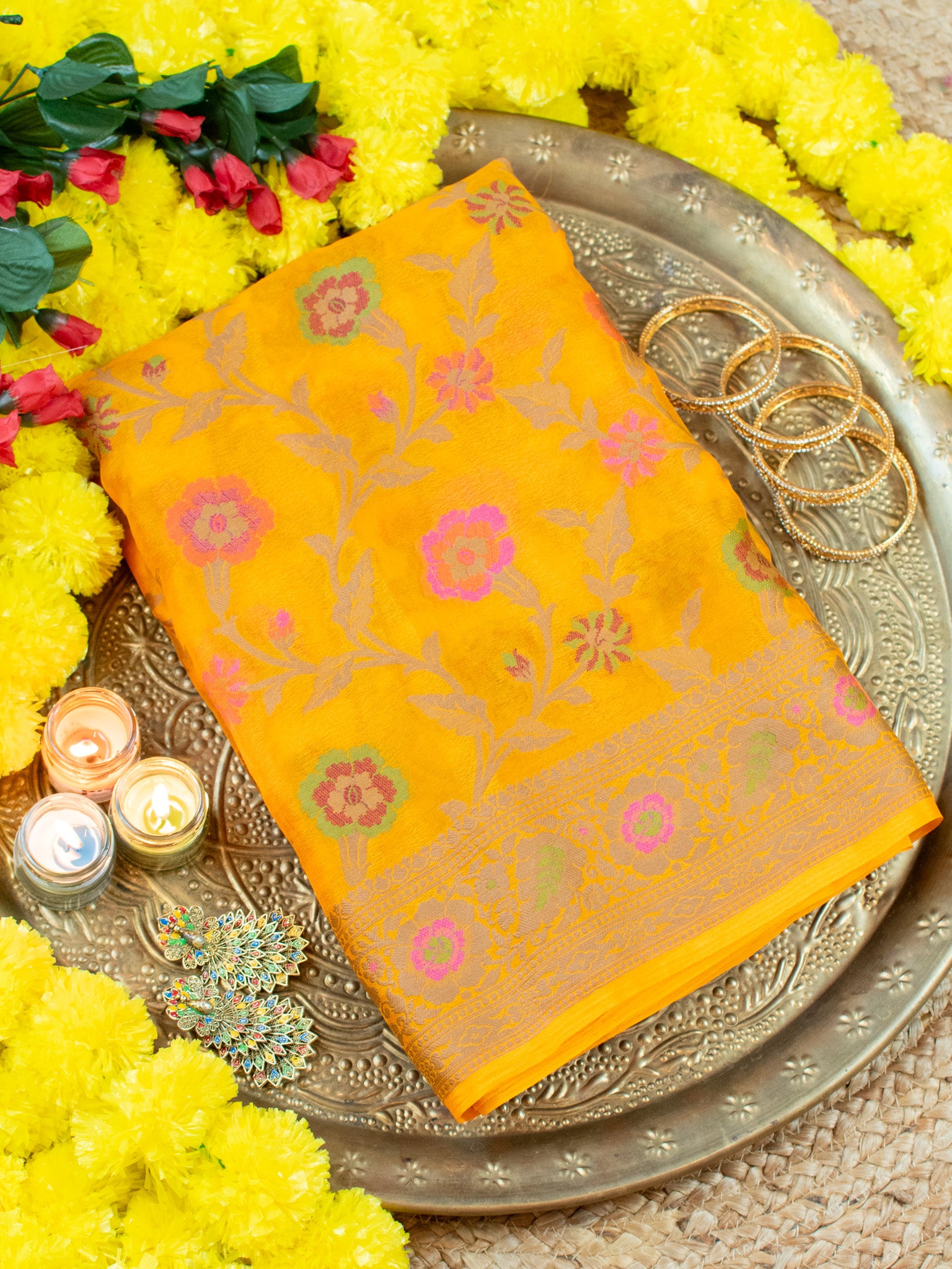 Banaras Pure Georgette Saree With Resham Weaving-Yellow