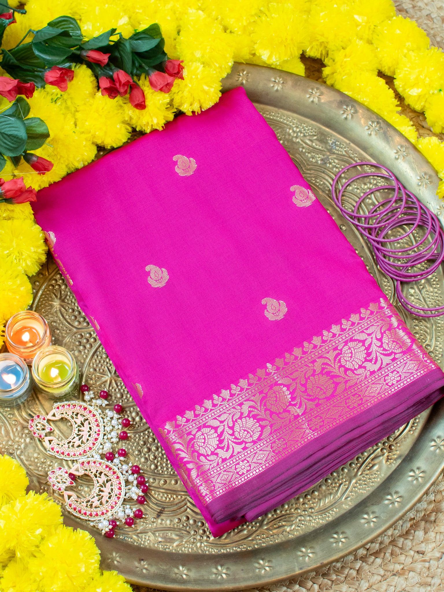 Banarasi Semi Silk Saree With Buti Zari Weaving & Border - Pink