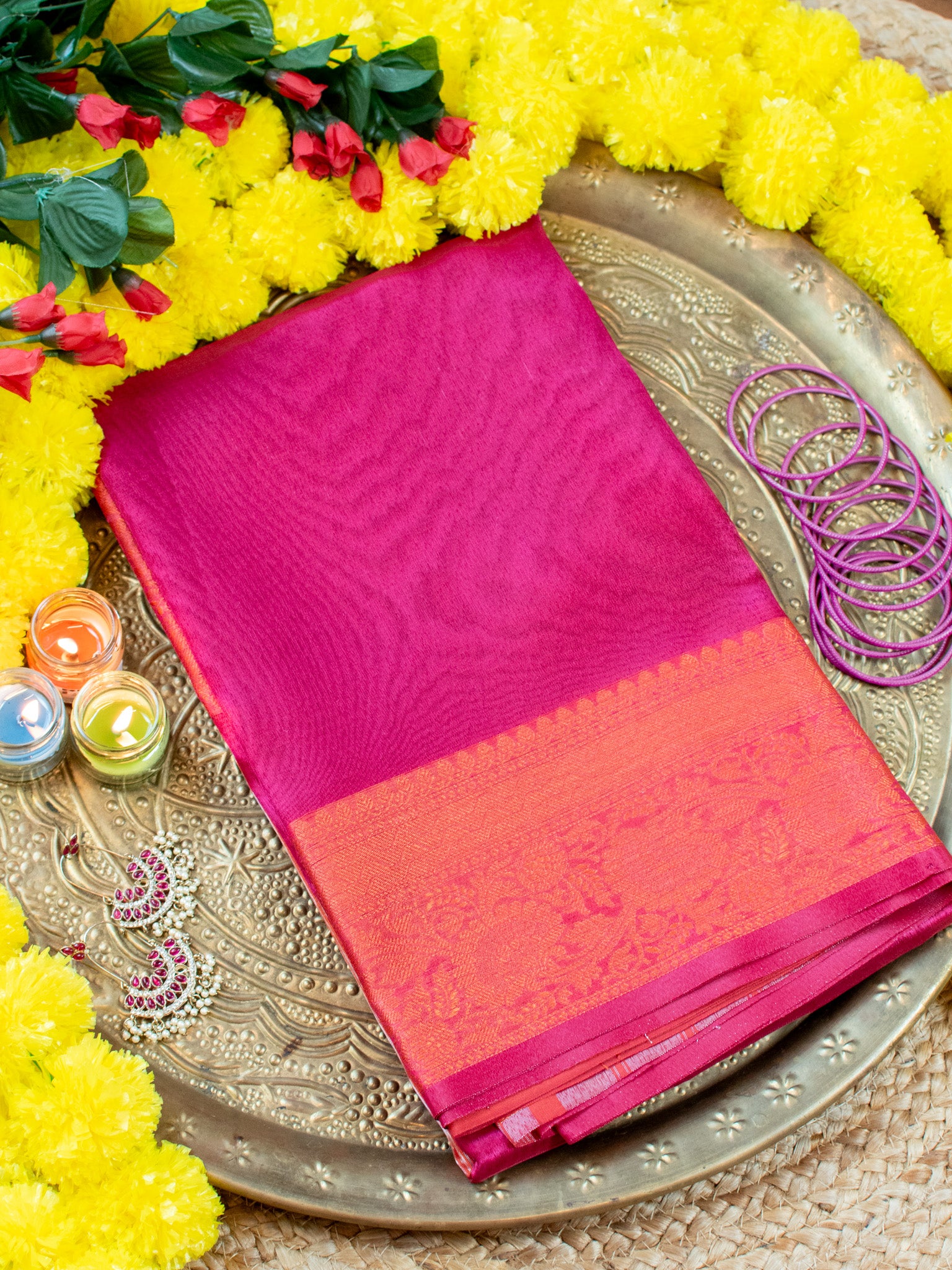 Banarasi Plain Shaded Tissue Saree With Zari Border - Pink