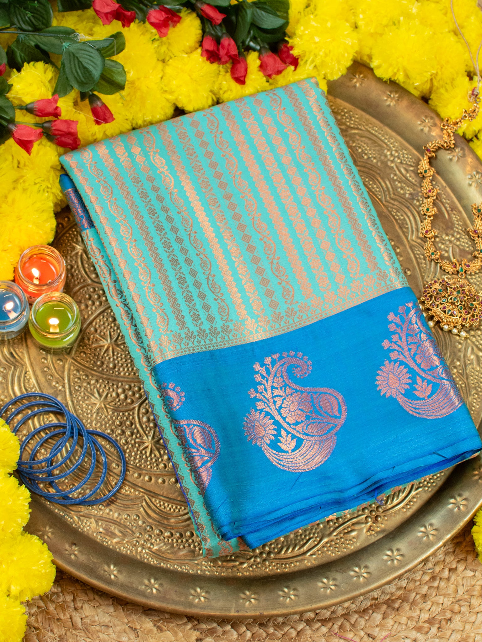 Banarasi Kora Muslin Saree With Zari Weaving &  Border- Sea Green