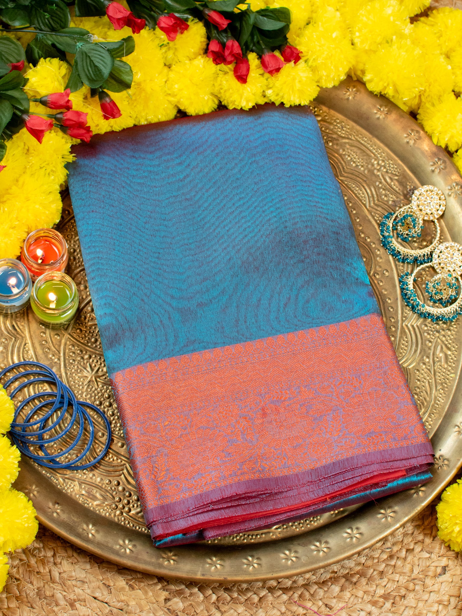 Banarasi Plain Shaded Tissue Saree With Zari Border - Blue