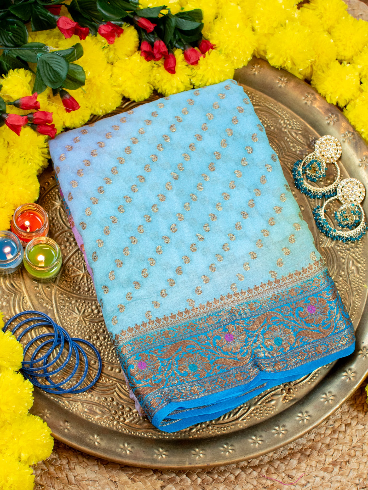 Banaras Pure Georgette Shaded Saree With Antique Resham Weaving- Sky Blue