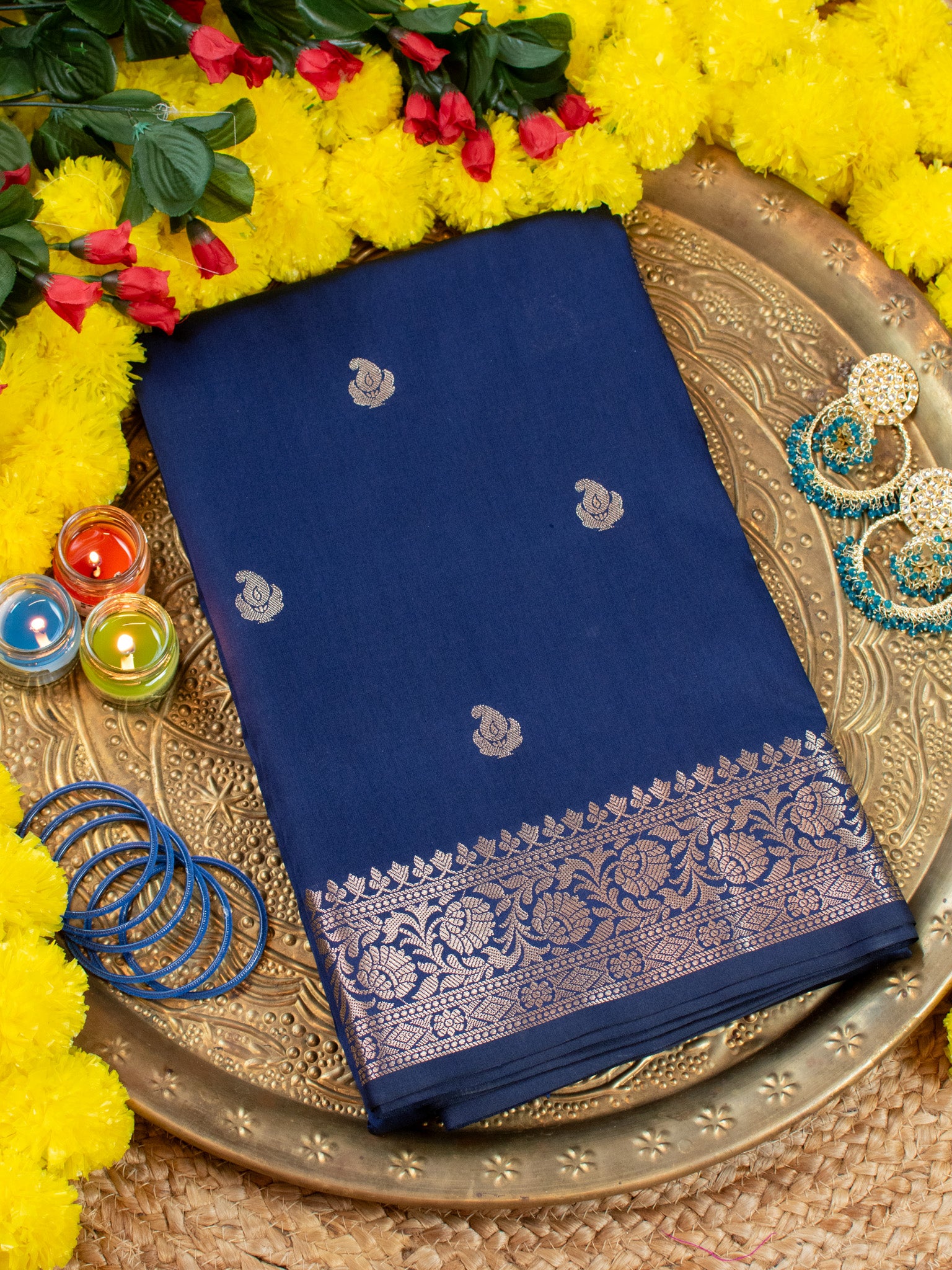 Banarasi Semi Silk Saree With Buti Zari Weaving & Border - Blue