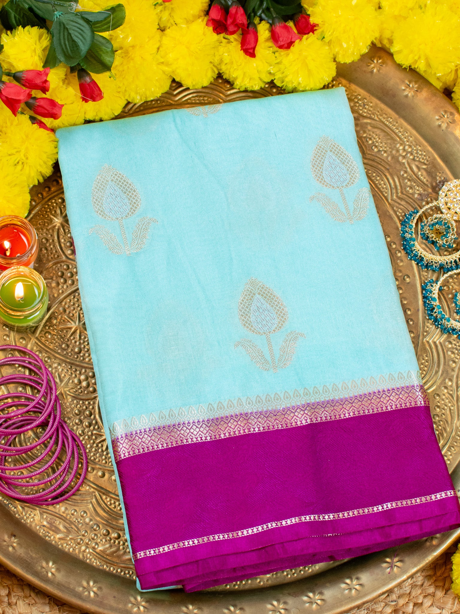 Banarasi Semi Silk Saree With Floral Zari Weaving & Contrast Border - Aqua Blue