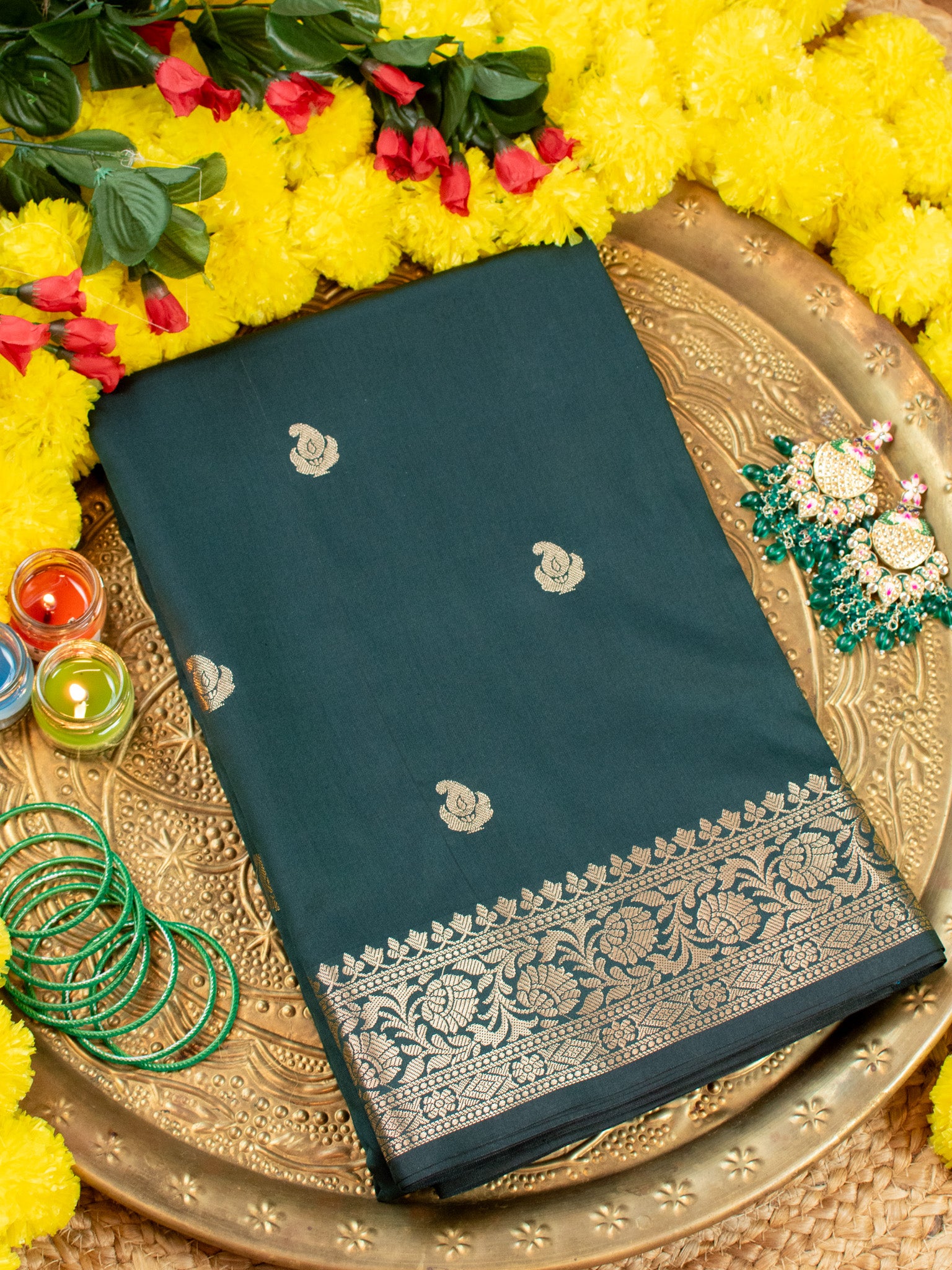 Banarasi Semi Silk Saree With Buti Zari Weaving & Border - Green