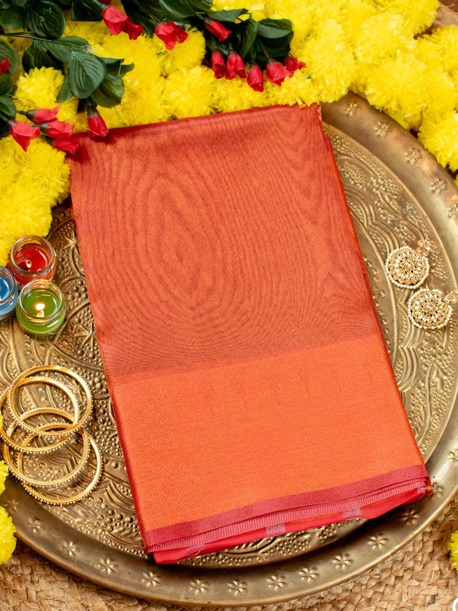 Banarasi Plain Shaded Tissue Saree With Zari Border - Orange