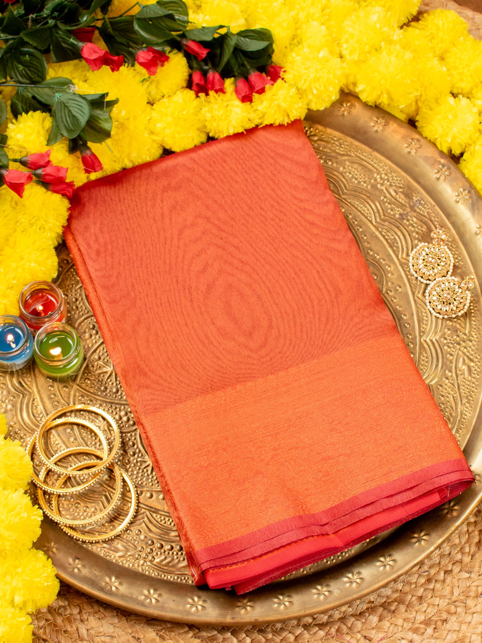 Banarasi Plain Shaded Tissue Saree With Zari Border - Orange