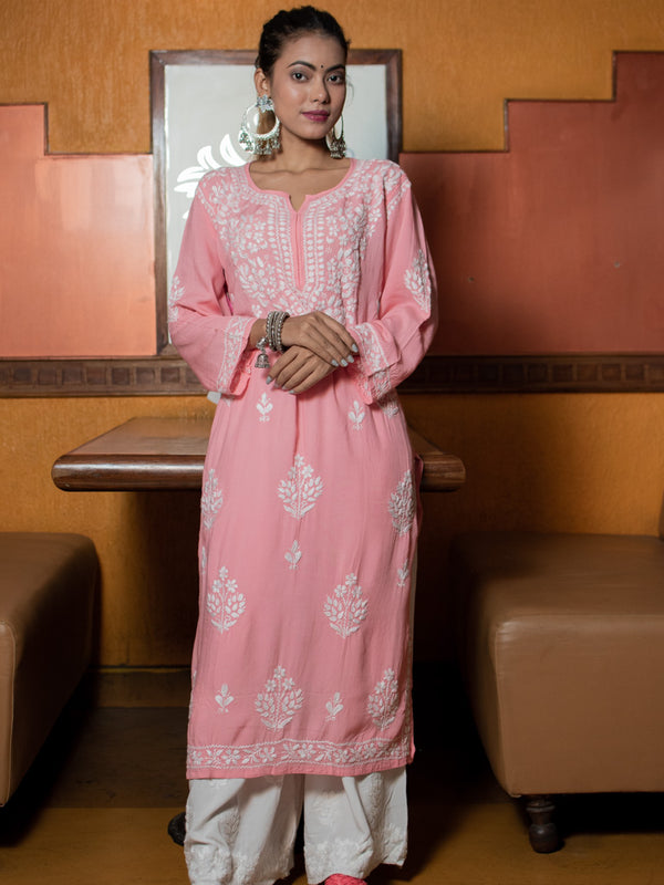 Readymade Floral Chikankari Modal Kurti-Pink