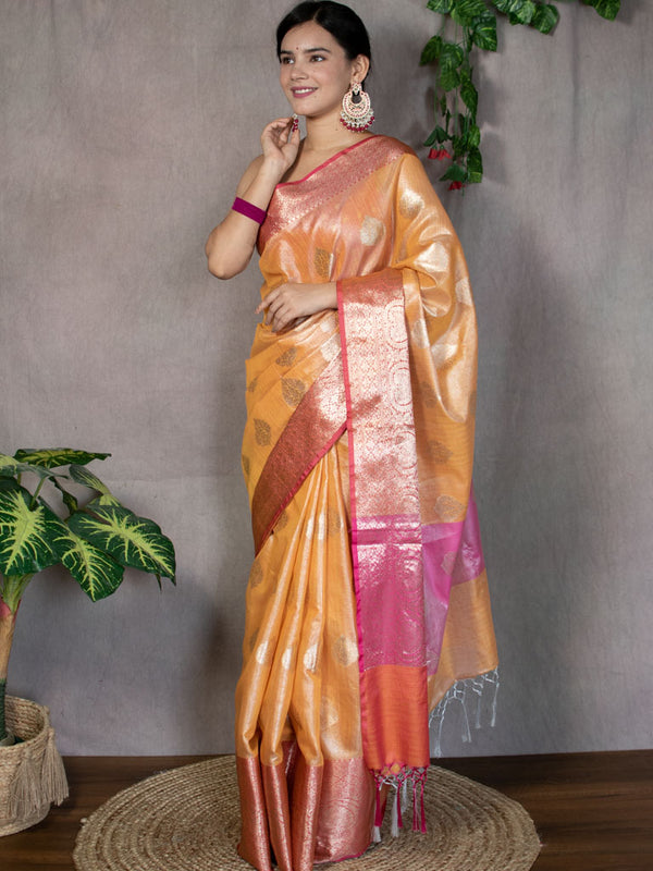 Banarasi Soft Tissue Saree With Zari Weaving Border-Orange