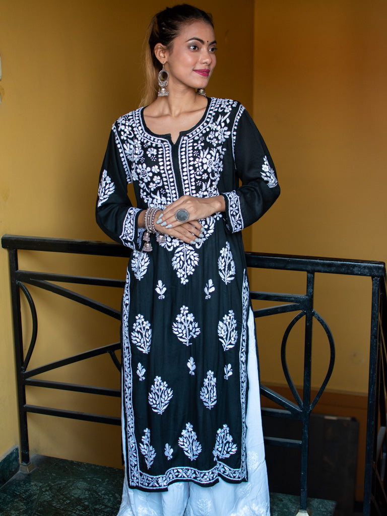 Readymade Floral Chikankari Modal Kurti-Black