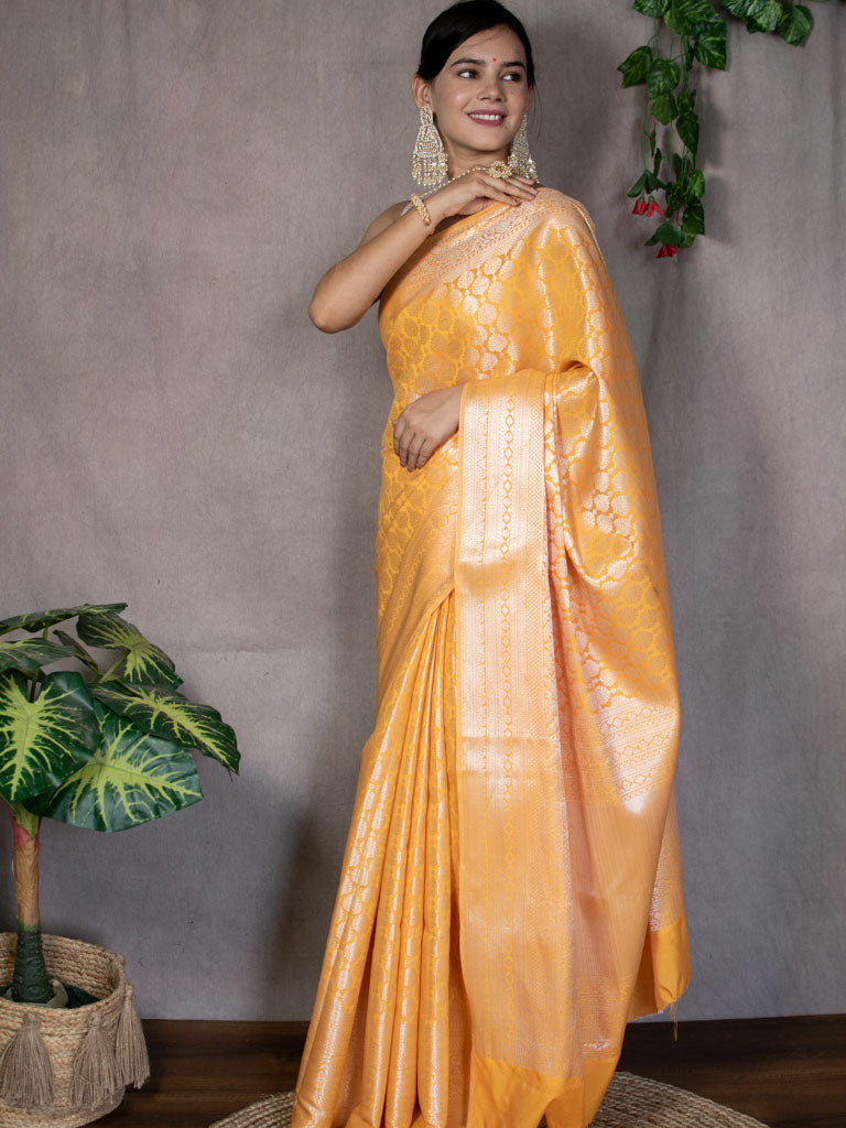 Banarasi Lichi Silk Saree With Silver Zari Weaving-Orange