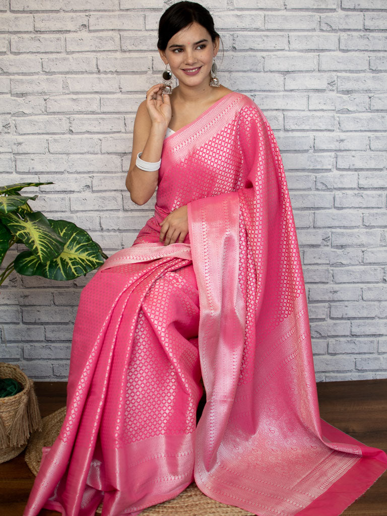 Banarasi Lichi Silk Saree With Silver Zari Small Buti Weaving-Pink