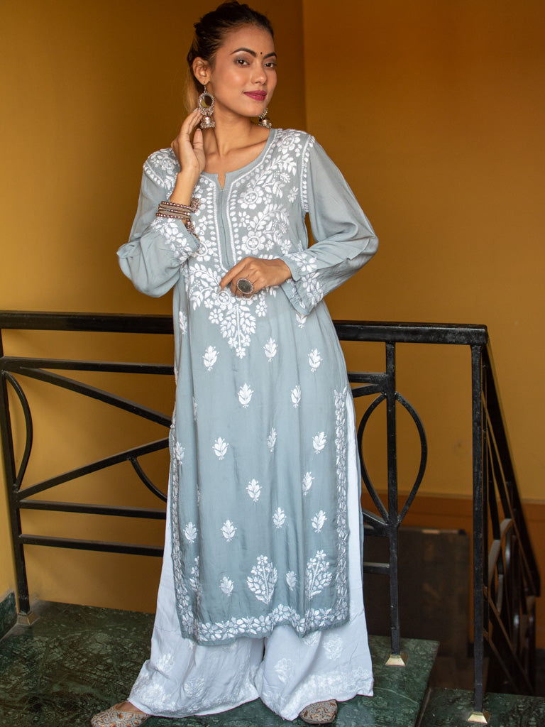 Readymade Floral Chikankari Modal Kurti-Grey