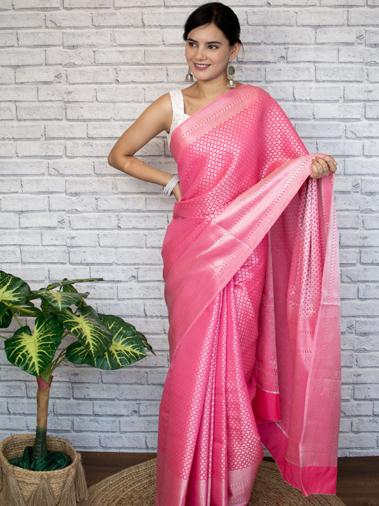 Banarasi Lichi Silk Saree With Silver Zari Small Buti Weaving-Pink