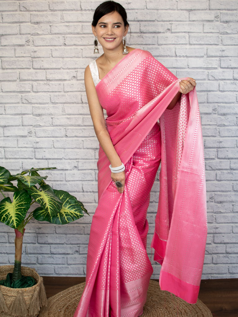 Pink coloured Semi Banarasi Silk Saree|Golden Zari Woven Border Saree| Designer Silk Saree online |Designer Banarasi Saree