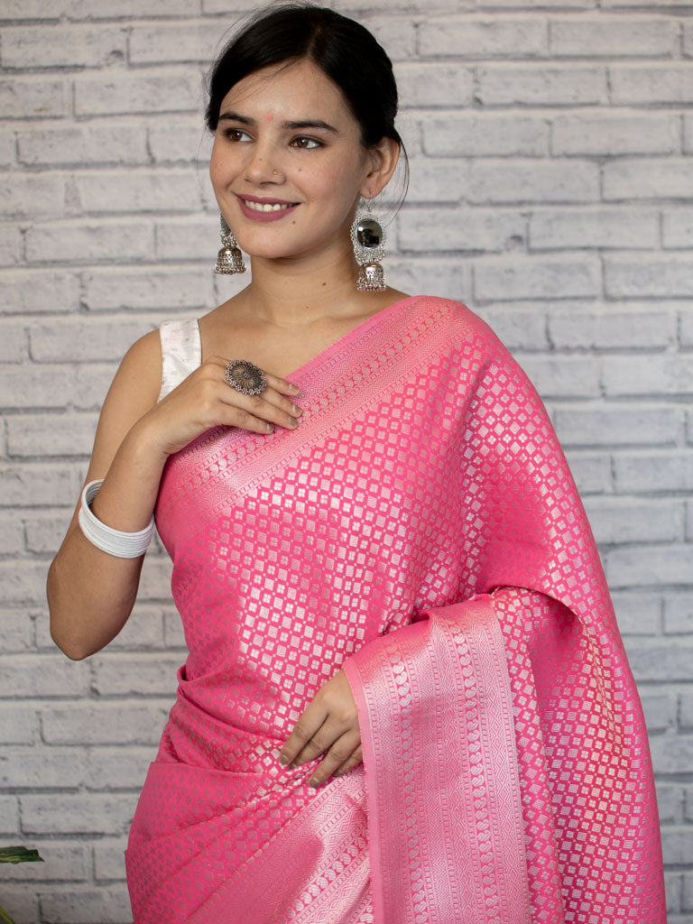 Banarasi Lichi Silk Saree With Silver Zari Small Buti Weaving-Pink