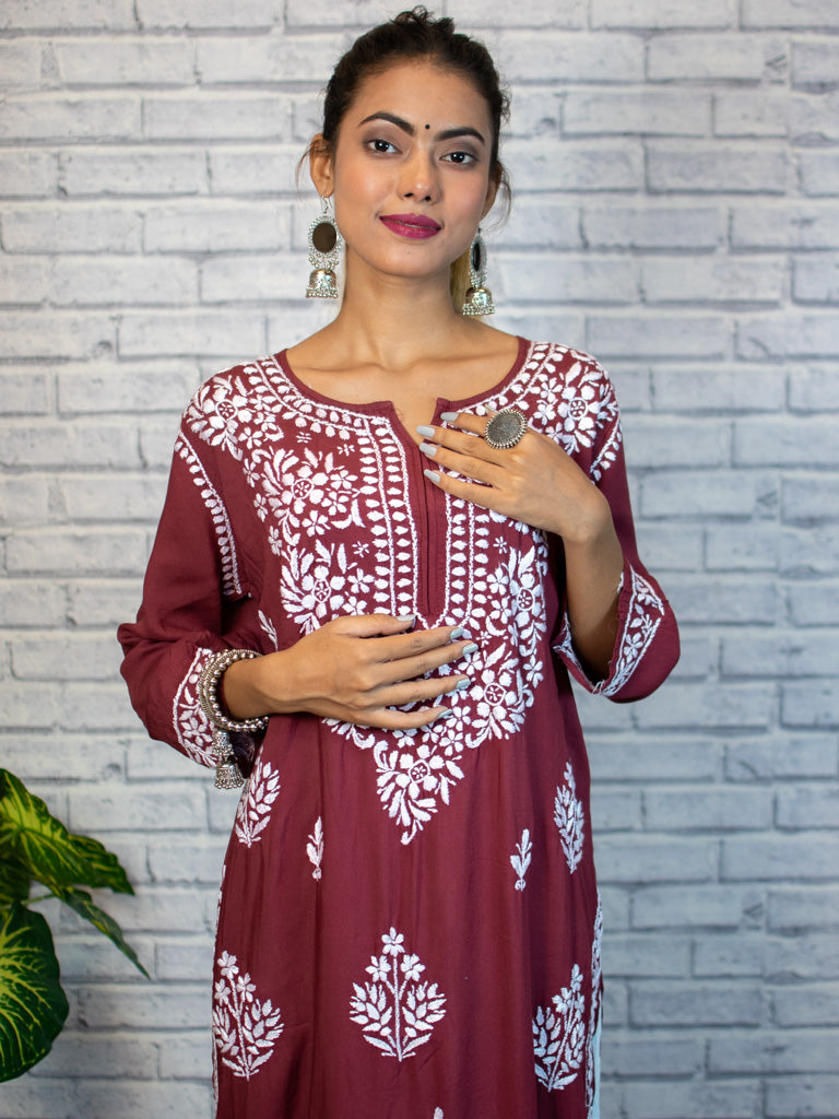 Readymade Floral Chikankari Modal Kurti-Maroon