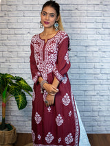 Readymade Floral Chikankari Modal Kurti-Maroon