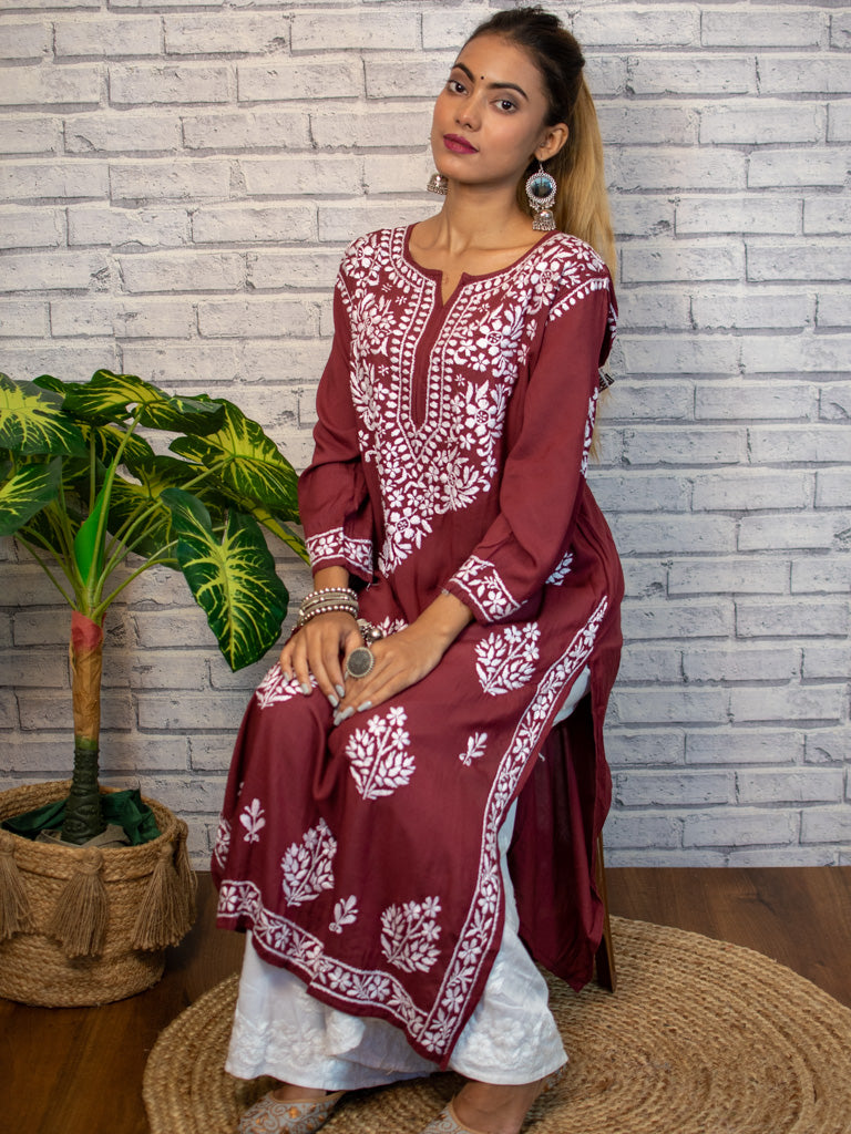 Readymade Floral Chikankari Modal Kurti-Maroon