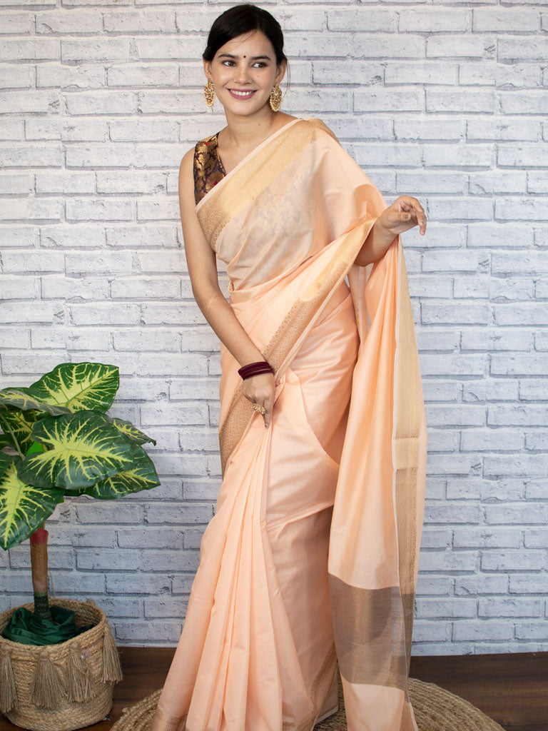 Banarasi  Soft Cotton Plain Saree With Zari Border-Peach