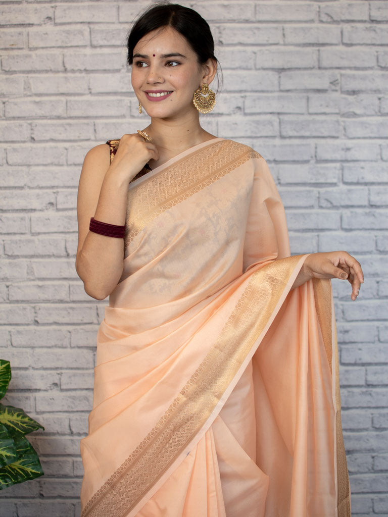 Banarasi  Soft Cotton Plain Saree With Zari Border-Peach