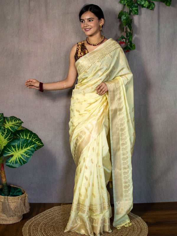 Banarasi Semi Silk Saree With Zari Weaving-Lemon Yellow