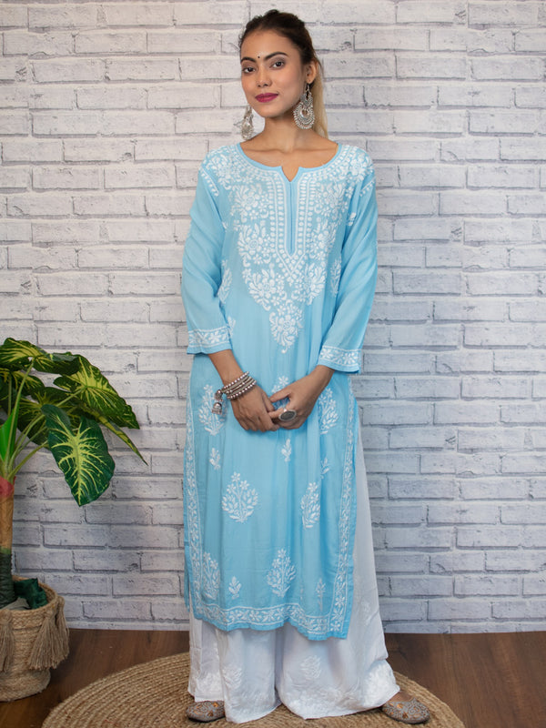 Readymade Floral Chikankari Modal Kurti-Blue