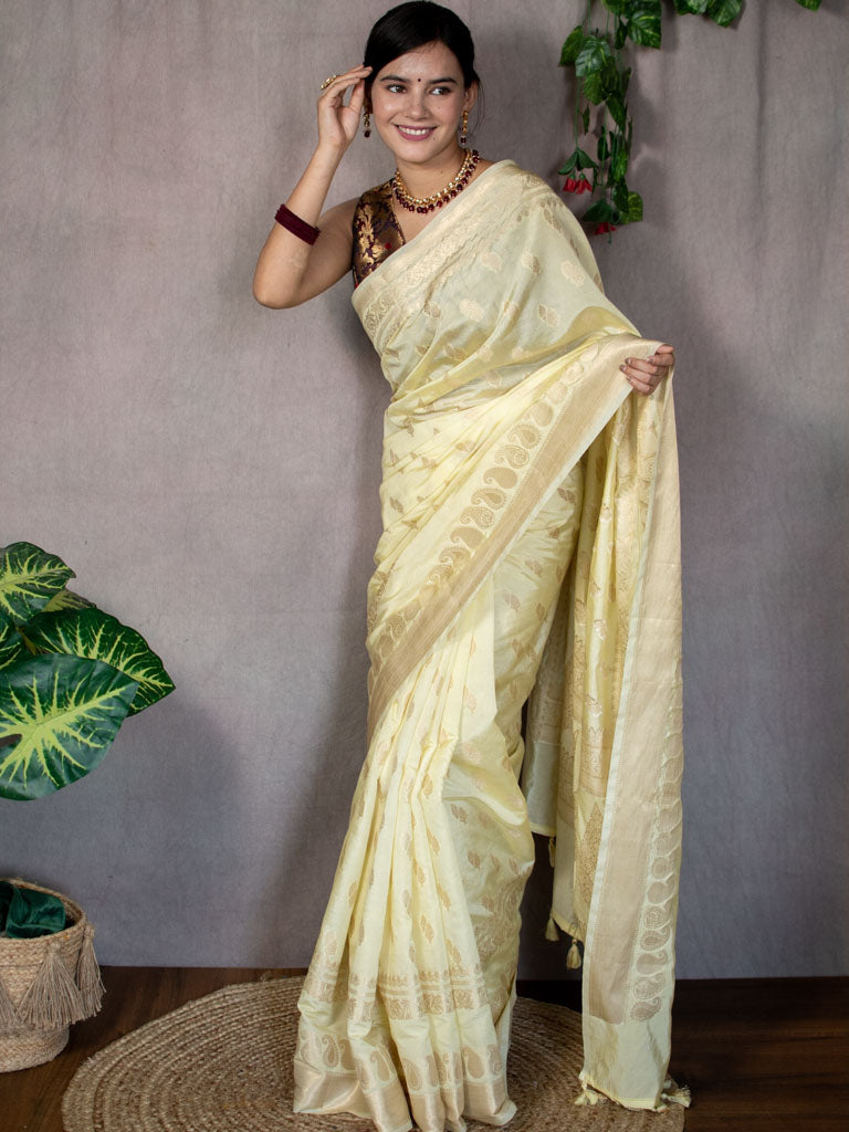 Banarasi Semi Silk Saree With Zari Weaving-Lemon Yellow