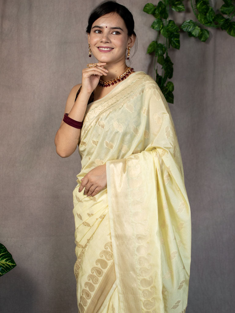 Banarasi Semi Silk Saree With Zari Weaving-Lemon Yellow