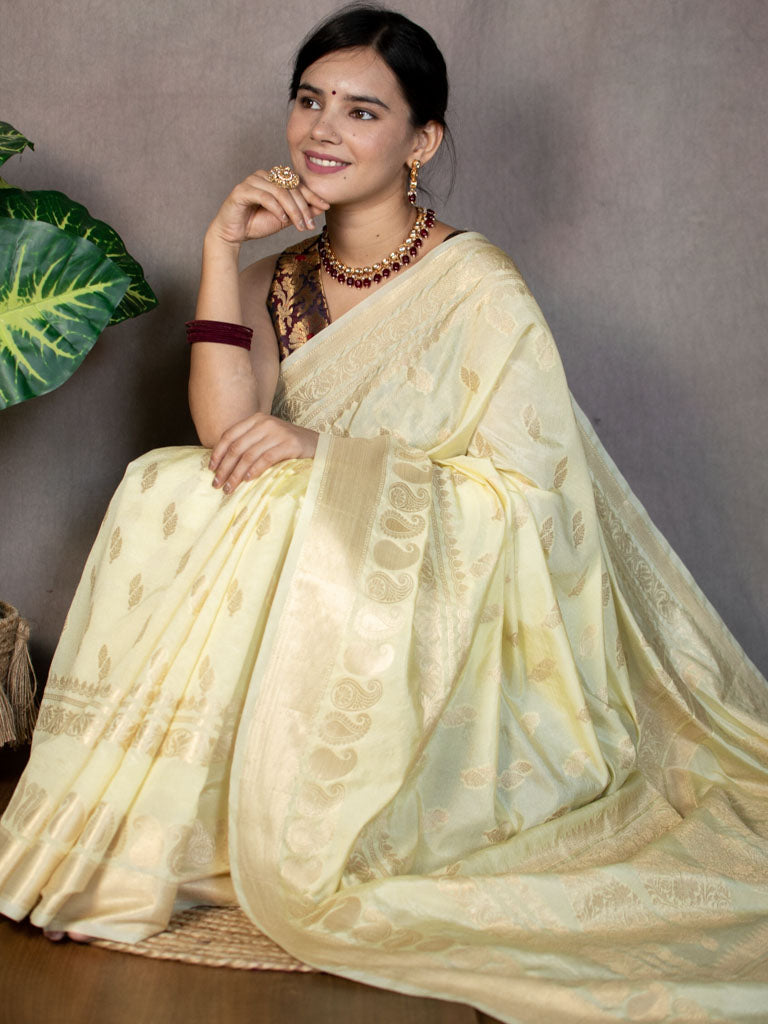 Banarasi Semi Silk Saree With Zari Weaving-Lemon Yellow